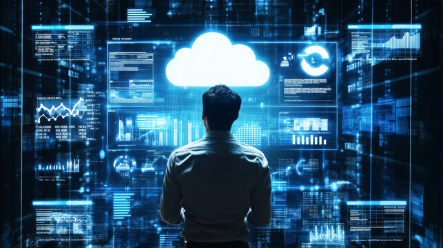 A business analyst monitoring cloud-based dashboards displaying live financial and operational metrics, showcasing the real-time benefits of cloud computing