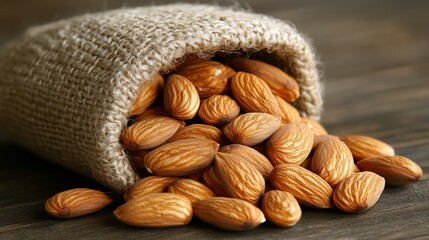 A burlap sack filled with raw almonds spills onto a rustic wooden table. The almonds are smooth and shiny, with a natural brown hue, indicating freshness.