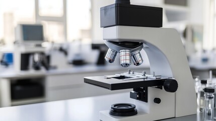 Close-up of a modern microscope in a laboratory, showcasing detailed features and equipment for scientific research.