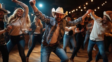 Obraz premium Group of people dancing energetically at a lively country-themed event with string lights and cowboy hats, highlighting a festive atmosphere in a rustic venue.