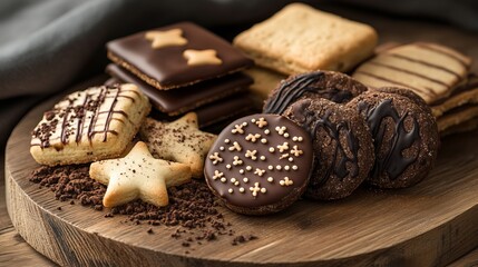 A tempting selection of gourmet cookies in different shapes and flavors, some topped with chocolate and patterns, artistically arranged on a wooden board.