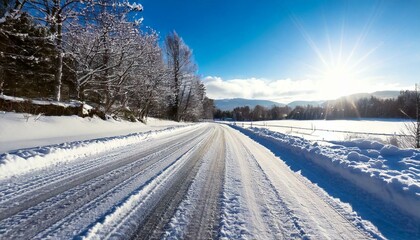 Obraz premium 冬に雪が降り積もる車道 交通 AI生成素材