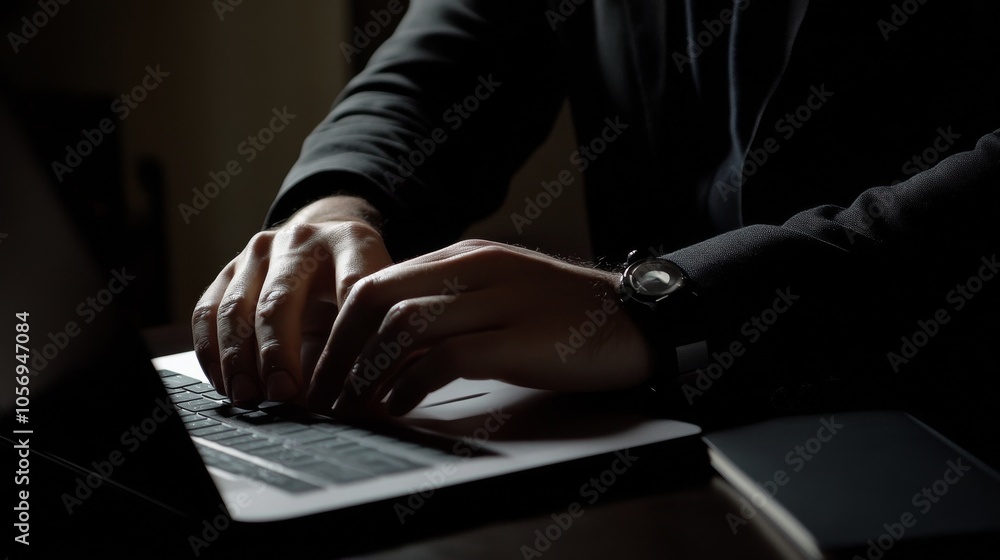 Poster close-up of hands typing on a laptop keyboard in low light, conveying focus and productivity in a mo