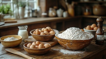 Fototapeta premium Ingredients for baking with eggs, flour, and milk in a rustic kitchen.