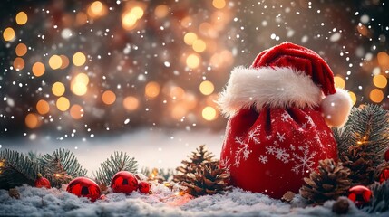 A red Santa bag with snowflakes sits among Christmas ornaments and pinecones with a soft snowfall in the background, exuding a festive holiday spirit.