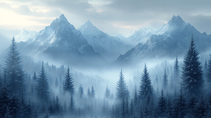Obraz premium A serene winter landscape featuring abstract polygonal mountains and evergreen trees, ideal for tranquil designs, winter promotions, or minimalist decor.