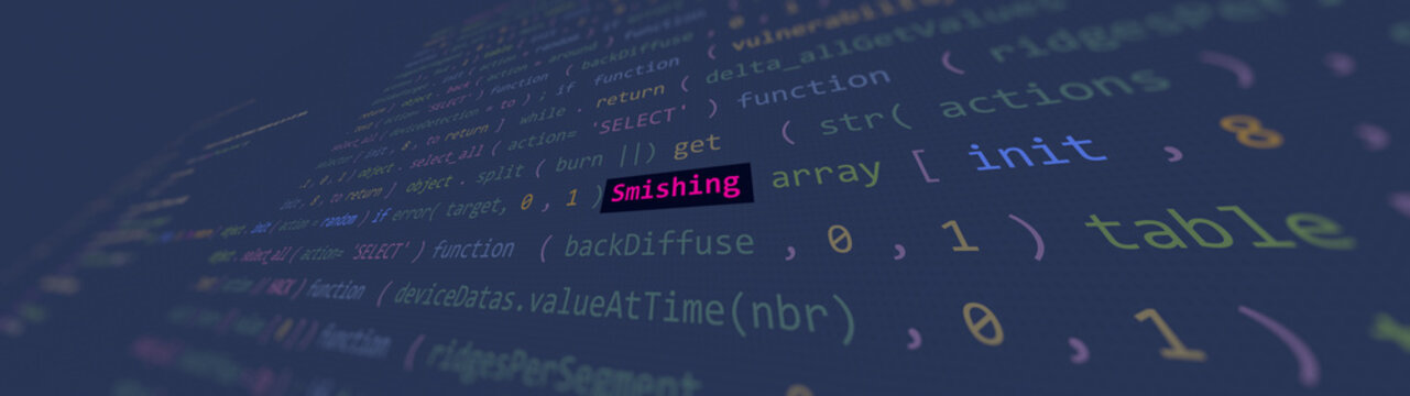 Cyber attack smishing text in foreground screen, hands of a anonymous hacker on a led keyboard. Vulnerability text in informatic system style, code on editor screen.,English language,text in English