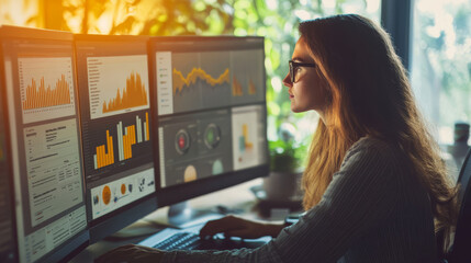 A digital marketer using various tools like Google Analytics and social media schedulers, displayed across several screens, tracking campaign performance