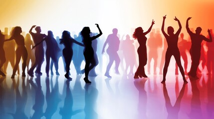 Fototapeta premium Colorful silhouettes of dancers enjoying a vibrant night at a party, reflecting joy and energy with bright hues in the background.