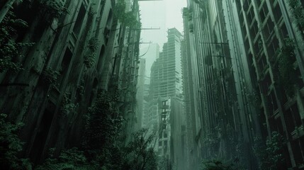 Capture a dystopian cityscape from a low angle