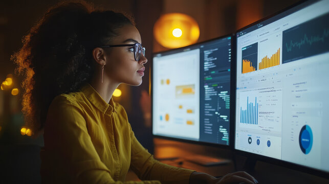 A digital marketer using various tools like Google Analytics and social media schedulers, displayed across several screens, tracking campaign performance