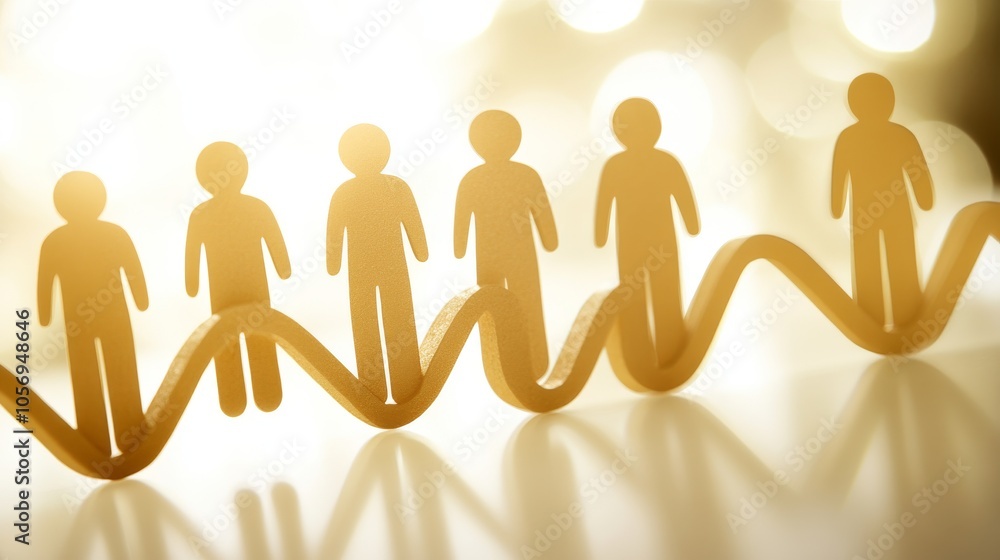 Poster conceptual image representing teamwork and unity with paper figures on a wavy line symbolizing colla