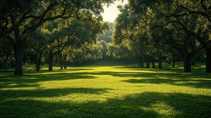 A lush green meadow with tall trees casting long shadows in the dappled sunlight.