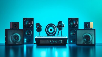 Conceptual audio setup featuring speakers, microphone, and mixer, illuminated in vibrant blue tones for a modern feel.