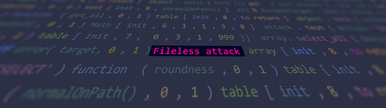 Cyber attack fileless attack text in foreground screen of code editor developer studio point of vue. Vulnerability text in attack system ascii. Text in English, English text