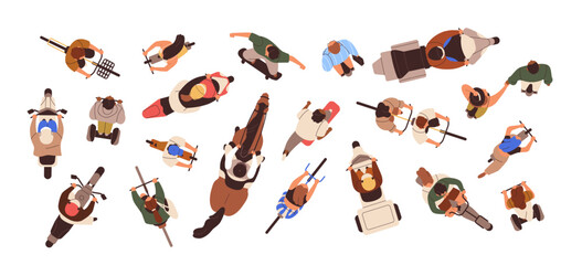 Top down view, people riding vehicles set. Men, women overhead on bicycle, kick scooter, skateboard, motorcycles, bike and horse. City transport. Flat vector illustration isolated on white background © Good Studio