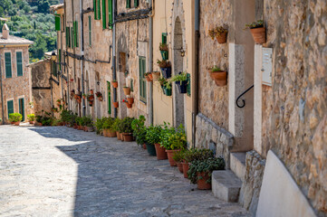 Idyllic village street in Valldemossa, Mallorca with lots of potted plants in front of houses, majorca spain