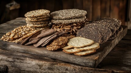Assorted Crunchy Snacks on Rustic Wooden Board