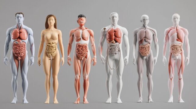 Detailed anatomical models showcasing human body structures and organs for educational purposes in anatomy and biology.