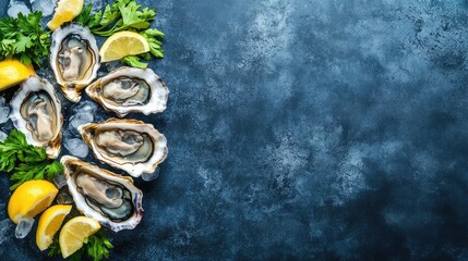 Fresh Oysters with Lemon and Greens on Dark Surface