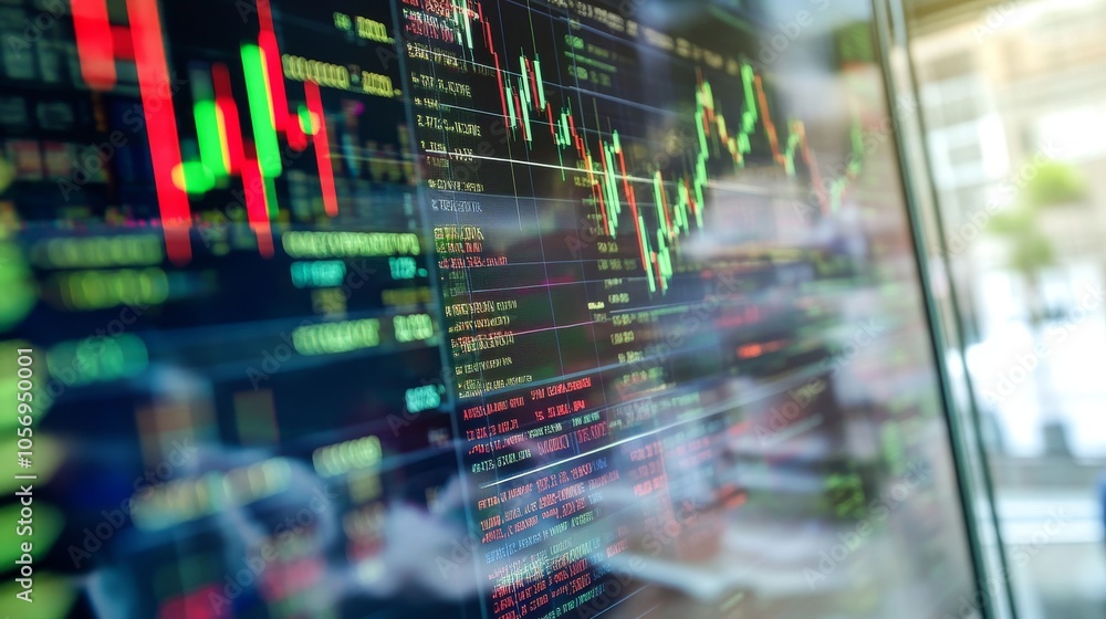 Poster dynamic stock market analysis showcasing a vibrant display of financial charts and data trends for i
