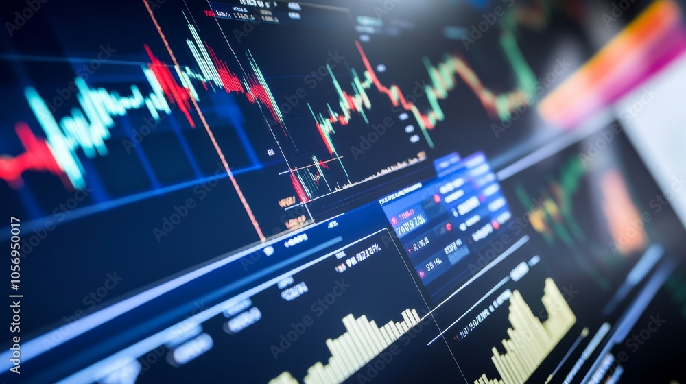 Poster Dynamic stock market analysis with colorful graphs and data visualizations showcasing financial trends and trading information.