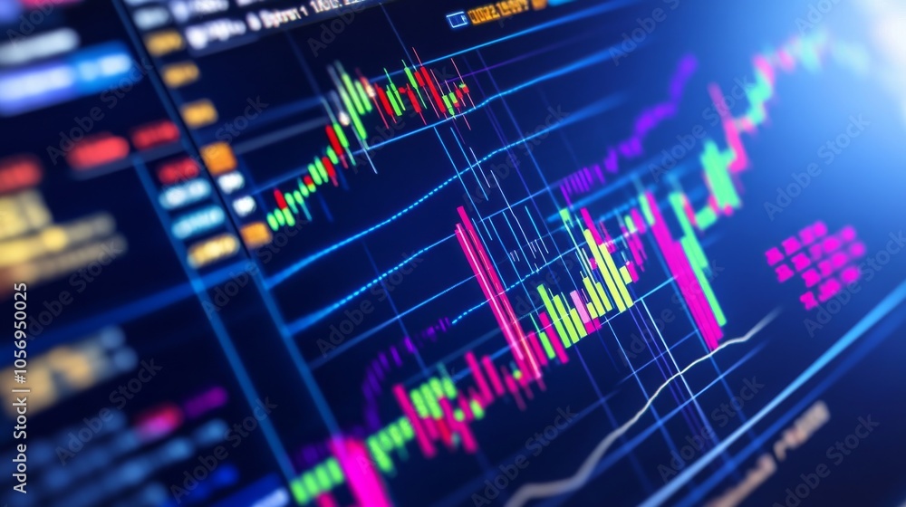 Poster dynamic stock market chart displaying trends and data with vibrant colors for financial analysis and