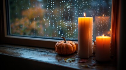 candles and pumpkins on windowsill with autumn rain outside for a cozy home atmosphere and seasonal decoration