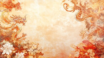 Obraz premium A decorative illustration featuring two dragons amidst floral elements and a warm background.