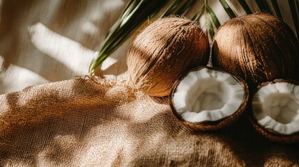 close-up of whole and half coconuts with palm leaves on burlap fabric background under soft light for tropical and retro-themed photography