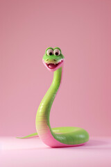 Fototapeta premium Illustration, pink and green snake, with a contented expression. The background of the illustration on the ID card is pink, with a semi-lateral composition. It's a fu picture in the year of the snake.