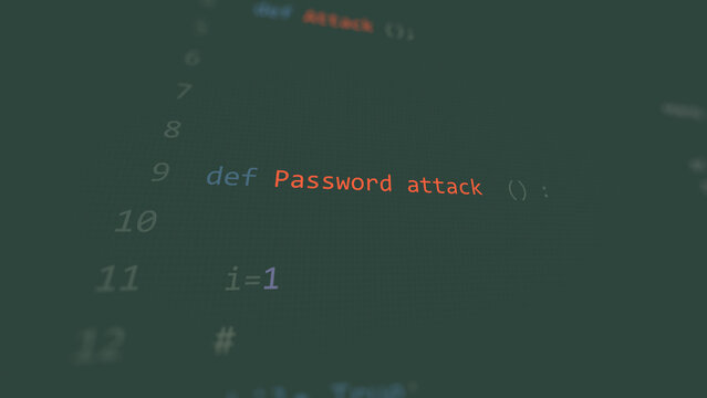 Cyber attack password attack text in foreground screen, hands of a anonymous hacker on a led keyboard. Vulnerability text in informatic system style, code on editor screen.,English language.