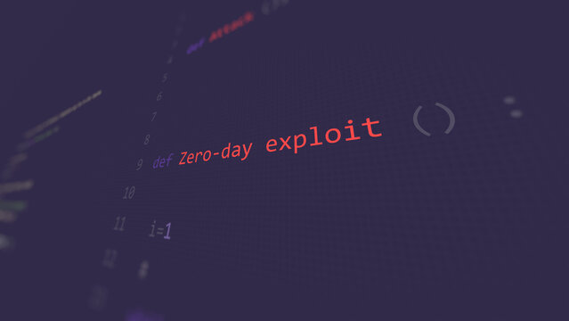 Zero-day exploit text, cyber attack in foreground screen, hands of a anonymous hacker on a led keyboard. Vulnerability text in informatic system style, code on editor screen.,English language.