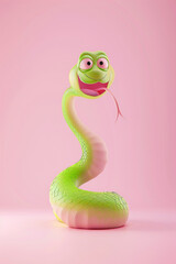 Fototapeta premium Illustration, pink and green snake, with a contented expression. The background of the illustration on the ID card is pink, with a semi-lateral composition. It's a fu picture in the year of the snake.