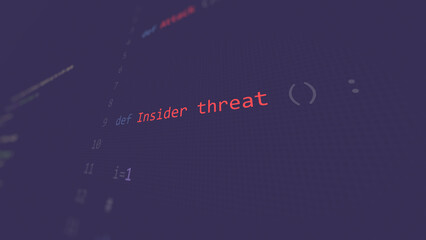 Cyber attack insider threat text in foreground screen, hands of a anonymous hacker on a led keyboard. Vulnerability text in informatic system style, code on editor screen.,English language.
