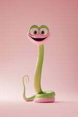 Fototapeta premium Illustration, pink and green snake, with a contented expression. The background of the illustration on the ID card is pink, with a semi-lateral composition. It's a fu picture in the year of the snake.