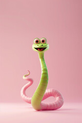 Fototapeta premium Illustration, pink and green snake, with a contented expression. The background of the illustration on the ID card is pink, with a semi-lateral composition. It's a fu picture in the year of the snake.