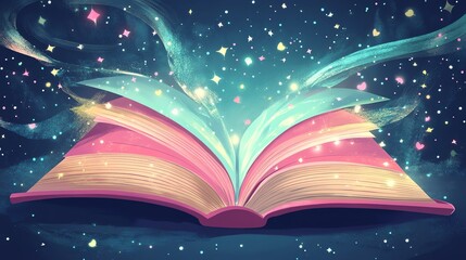 A magical, open book with a glowing light emanating from it.