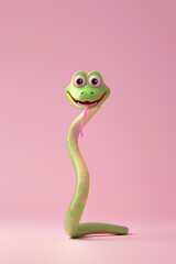 Fototapeta premium Illustration, pink and green snake, with a contented expression. The background of the illustration on the ID card is pink, with a semi-lateral composition. It's a fu picture in the year of the snake.