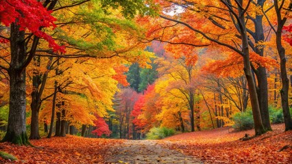 Autumn forest scene with vibrant fall leaves changing colors, trees, red, nature