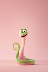 Fototapeta premium Illustration, pink and green snake, with a contented expression. The background of the illustration on the ID card is pink, with a semi-lateral composition. It's a fu picture in the year of the snake.