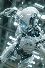 Fototapeta premium Capture the intricate details of a cyborg dancers metallic joints merging seamlessly with sleek dance movements Enhance the scene with a dynamic overhead shot