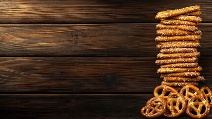 Tasty Pretzels Stacked on Wooden Surface