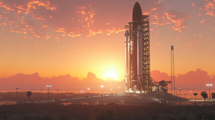 A launchpad with a sleek space tourism rocket preparing for liftoff, with excited passengers boarding, set against a glowing sunrise sky