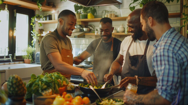 People of diverse racial backgrounds participating in a cooking masterclass. cultural exchange, shared passion for cooking among participants highlight unity, diversity, joy of learning through food