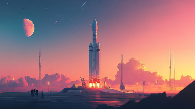 A launchpad with a sleek space tourism rocket preparing for liftoff, with excited passengers boarding, set against a glowing sunrise sky - Powered by Adobe