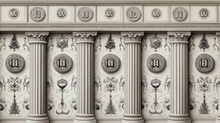Obraz premium Classic architectural design featuring ornate columns with intricate decorative details and patterned emblem medallions on the walls, with vintage floral motifs in grayscale.