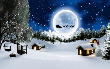 Fototapeta premium Christmas Eve, Santa Claus gives gifts in the sky with a bright blue Super Full moon on a snowy night. Village in the middle of a pine forest on a mountain, high in snow. 3D Rendering