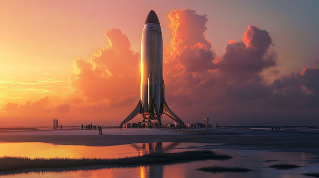 A launchpad with a sleek space tourism rocket preparing for liftoff, with excited passengers boarding, set against a glowing sunrise sky
