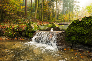 Small waterfall in a forest in Europe. Beautiful, cloudy autumn day, low angle view, small water...